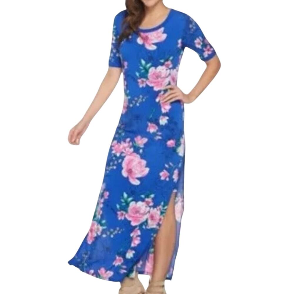 GILI Jetsetter Floral Maxi Dress M Blue Pink Sash Belt Jersey Knit Side Slits
